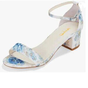 XYD Blue Floral Open Toe Low Heel Block Sandals Buckled Ankle Strap Shoes